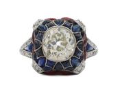 Art Deco style diamond sapphire and ruby cluster ring in platinum image