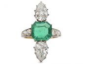 Belle Èpoque Colombian emerald and diamond vertical three stone ring