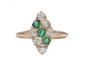 Victorian emerald and diamond angular marquise cluster ring