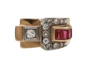 1940s Diamond &amp; Synthetic Ruby Tank Ring in 18kt Gold image