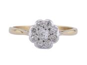 1950s Old Mine Cut Diamond Daisy Cluster Ring In 18kt Yellow Gold And Platinum image
