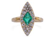 Antique Emerald And Diamond Navette Ring In 18kt Yellow Gold image