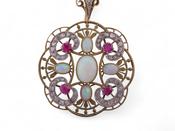 Arts And Crafts Opal, Pink Sapphire And Rose Cut Diamond Circular Openwork Pendant And Chain In 18kt Yellow Gold image