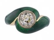 Vintage Set Old Mine Cut Diamond Green Enamel Solitaire In 18kt Yellow Gold
