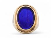 Vintage Oval Blue Paste Cameo Signet Ring In 18kt Yellow Gold