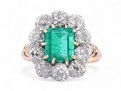 Antique Emerald And Old Mine Cut Diamond Cluster Ring In Platinum And 18kt Yellow Gold image