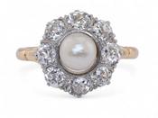 Antique Style Pearl And Old Mine Cut Diamond Coronet Cluster Ring In Platinum And 18kt Yellow Gold image