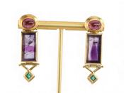 Modernist Tourmaline, Amethyst And Emerald Earrings In 18kt Yellow Gold By Boris LeBeau image