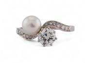Edwardian Natural Pearl And Diamond 'Toi et Moi' Ring In Platinum image