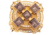 VICTORIAN CELTIC REVIVAL SMOKY QUARTZ AND SEED PEARL CROSS BROOCH, CIRCA 1880 image