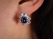 18ct Gold and Silver Cabochon Sapphire and Diamond Cluster Earrings image