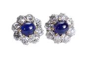 18ct Gold and Silver Cabochon Sapphire and Diamond Cluster Earrings image