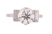 Platinum Old European Cut Diamond Ring with Baguette Diamond Shoulders image