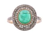 Edwardian Cabochon Emerald ring with tiered double diamond millgrain border image