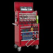 Sealey APCOMBOBBTK55 Topchest &amp; Rollcab Combination 10 Drawer with Ball Bearing Slides - Red &amp; 147pc Tool Kit image