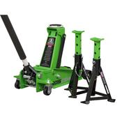 Sealey 3015CXHV Trolley Jack with Super Rocket Lift 3 Tonne &amp; Axle Stands (Pair) 3 Tonne Capacity per Stand - Green image