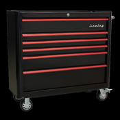 Sealey AP41206BR Rollcab 6 Drawer Wide Retro Style - Black with Red Anodised Drawer Pulls