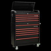Sealey AP41COMBOBR Retro Style Extra-Wide Topchest &amp; Rollcab Combination 10 Drawer-Black with Red Anodised Drawer Pull image