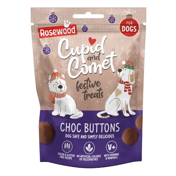 Rosewood Cupid & Comet Festive Choc Buttons Dog Treats 150g - Dog Safe, Gluten Free, No Artificial Colours, With Vitamins & Minerals