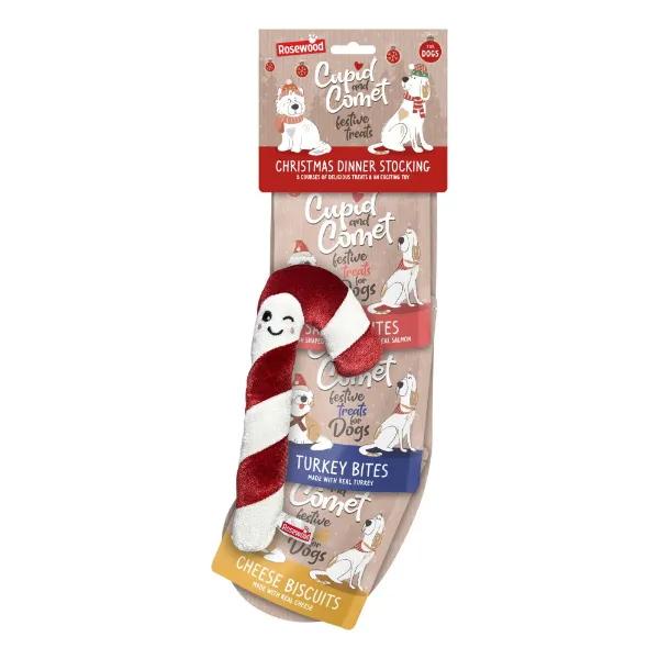 Rosewood Cupid & Comet Christmas Dog Stocking with Salmon, Turkey, Cheese Biscuits Treats & Candy Cane Toy