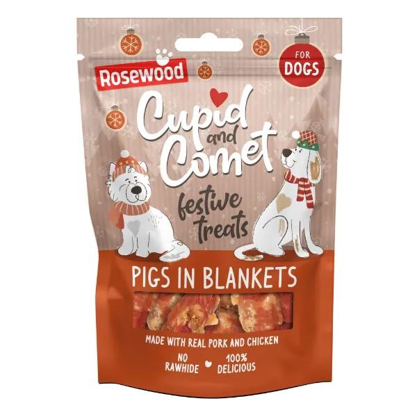 Rosewood Cupid & Comet Pigs in Blankets Dog Treats 100g - Made with Real Pork & Chicken, Low Fat, No Rawhide, Festive