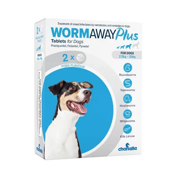 Wormaway Plus Tablets for Dogs - Pork Flavor - 2 Tablets - 2.5kg-20kg - Treats Roundworms, Tapeworms, Hookworms, Whipworms, Kills Larvae