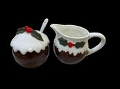 Christmas Pudding Covered Pot with Spoon &amp; Small Jug Set