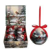 Set of 4pcs 75mm baubles w/ Christmas Robin in snow scene in a square gift box image