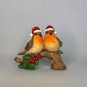 Two Christmas Robins on branch w/holly 13x7x10cm image