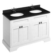 Freestanding 130 unit with black granite worktop, doors and two integrated white basins - DesignEmporium