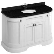 Freestanding 134 unit with black granite worktop, doors and integrated white basins - DesignEmporium