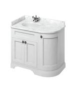 Freestanding LH curved corner unit with carrara white worktop and integrated white basin - DesignEmporium