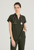 Grey's Anatomy Avery 2 Pocket Banded Collar Top - OLIVE / Small image