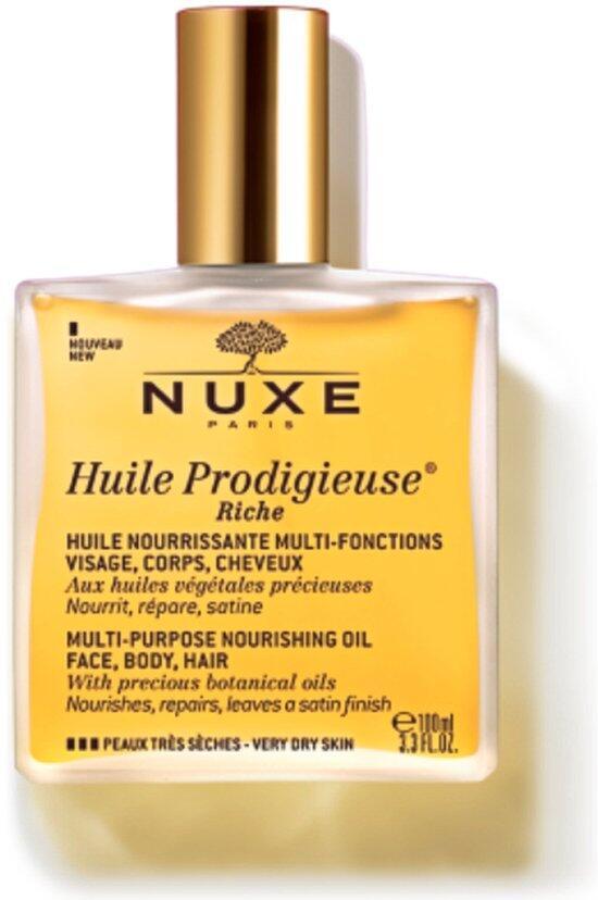 Nuxe Huile Prodigieuse Riche Oil for Face, Body & Hair - Nourishes, Repairs, Leaves a Satin Finish - 100ml - Image Features: Nourishing Oil, Very Dry Skin