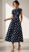 A3153 Maxime Navy Dotty Asymmetric Dress image