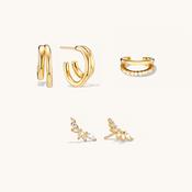 Classic Layered Hoops, Crystal Climber Studs &amp; Crystal Layered Ear Cuff Set Gold image