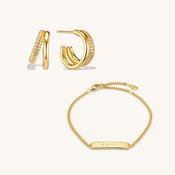 Engraved Bracelet &amp; Duo Layered Hoops Set Gold