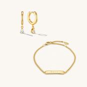 Engraved Bracelet &amp; Crystal Drop Hoop Earrings Set Gold