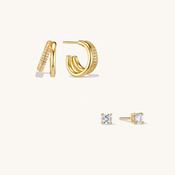 Duo Layered Hoops &amp; Diamond Stud Earrings Stacking Set Gold