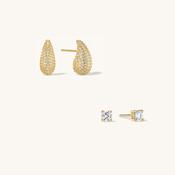 The Pave Dome Earrings &amp; Diamond Stud Earrings Stacking Set in Gold