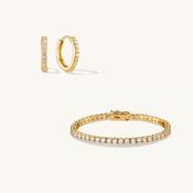 Tennis Chain Bracelet &amp; Small Pavé Hoops Set Gold