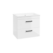 Sonas Corta Wall Hung Cabinet Two Drawer Gloss White Black Handle 60Cm