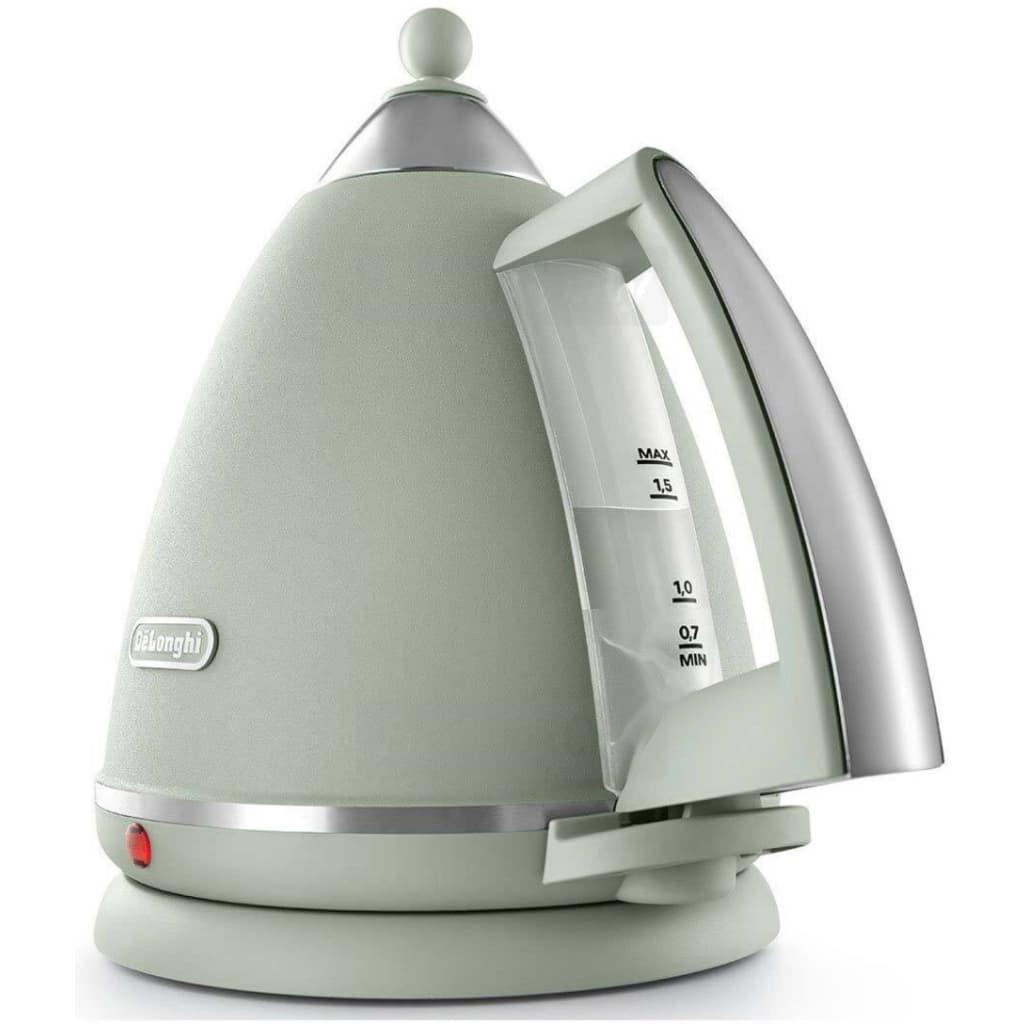 DeLonghi Argento Kettle - Flora Green, 1.7 Litres, 3 kW, Silver, Green, Handle, Base, Spout, Button