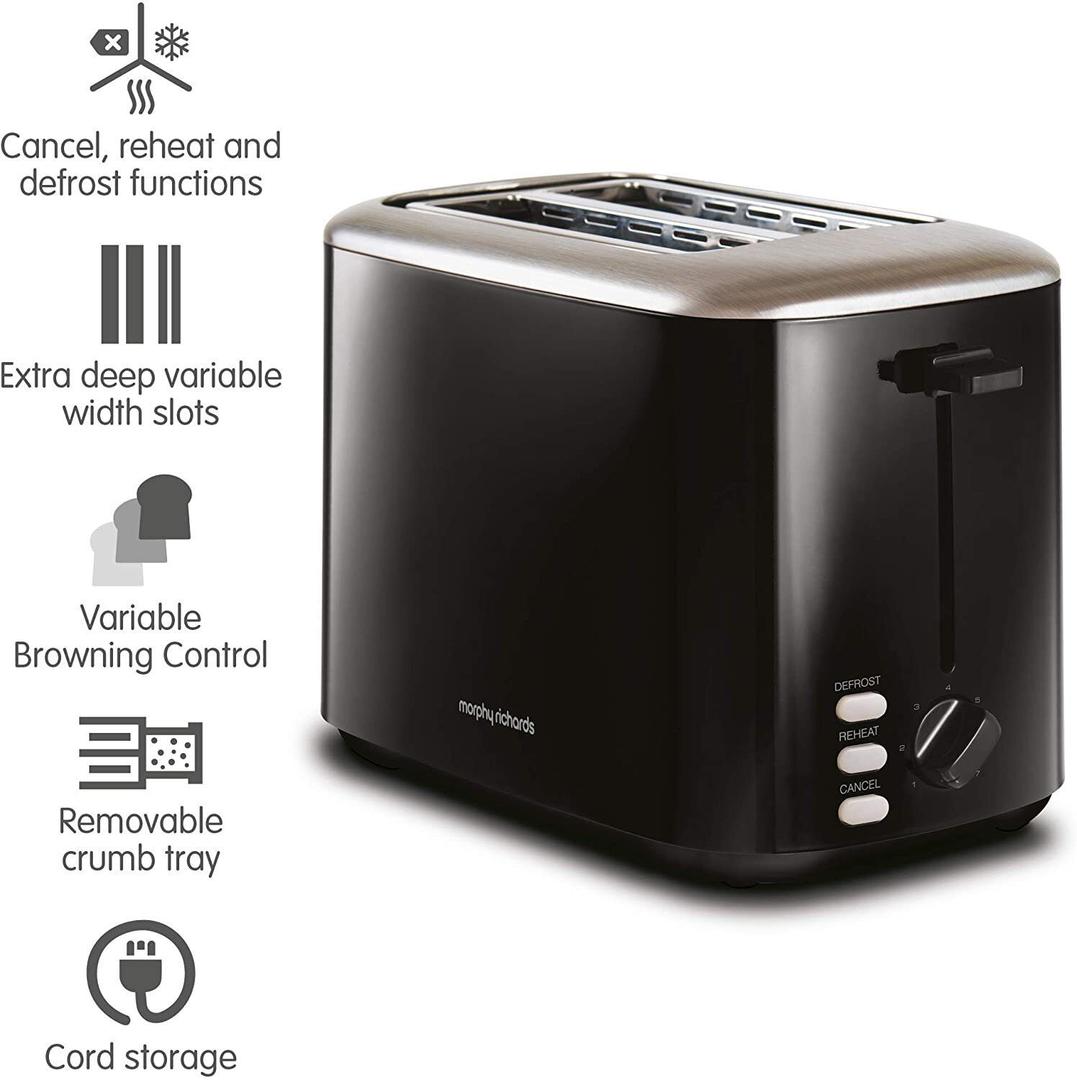 Morphy Richards 2 Slice Toaster - Black | Defrost, Reheat, Cancel, Variable Browning Control, Variable Width Slots, Removable Crumb Tray, Cord Storage