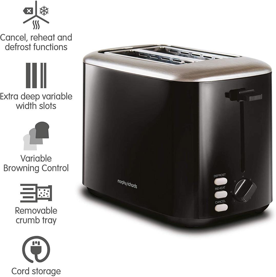 Morphy Richards 2 Slice Toaster - Black | Defrost, Reheat, Cancel, Variable Browning Control, Variable Width Slots, Removable Crumb Tray, Cord Storage