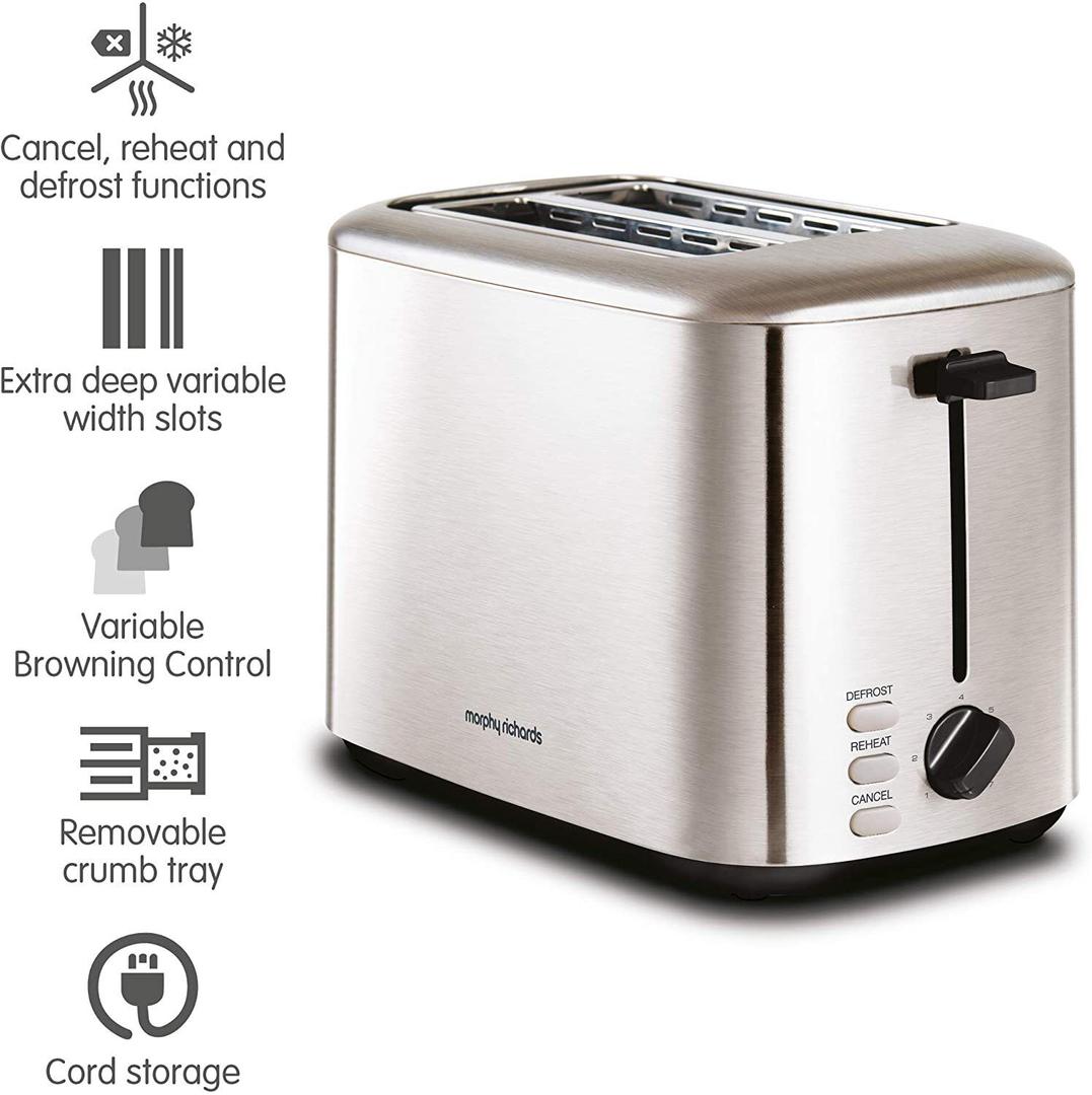 Morphy Richards Equip 2 Slice Toaster | Brushed Stainless Steel | Cancel, Reheat, Defrost, Variable Browning Control, Removable Crumb Tray, Variable Width Slots