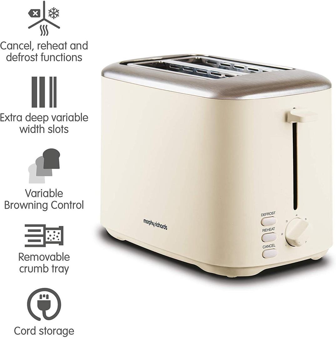 Morphy Richards 2 Slice Toaster Cream | Variable Browning, Width Slots, Reheat, Defrost, Cancel, Crumb Tray, Cord Storage