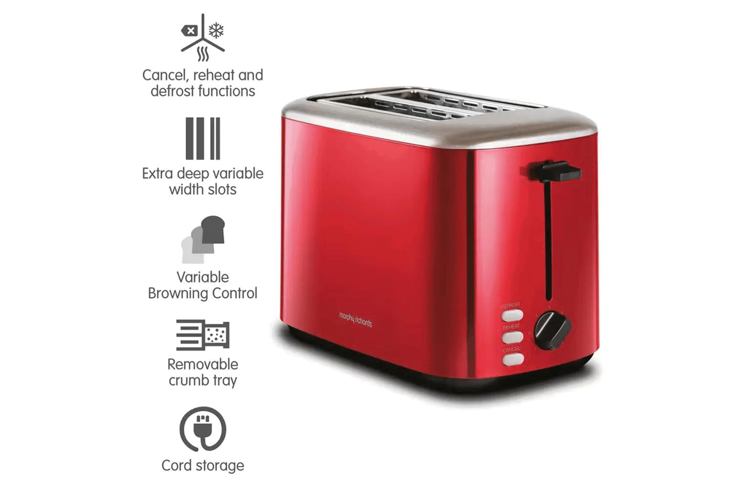 Morphy Richards Equip 2 Slice Toaster - Red | Cancel, Reheat, Defrost, Variable Browning, Width Slots, Crumb Tray, Cord Tidy