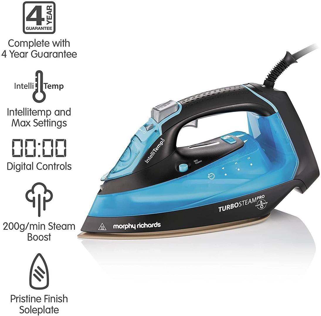 Morphy Richards Turbosteam Pro 3100W Steam Iron | 40g/min Steam Output, 200g/min Boost, Intellitemp, Digital Controls, Blue