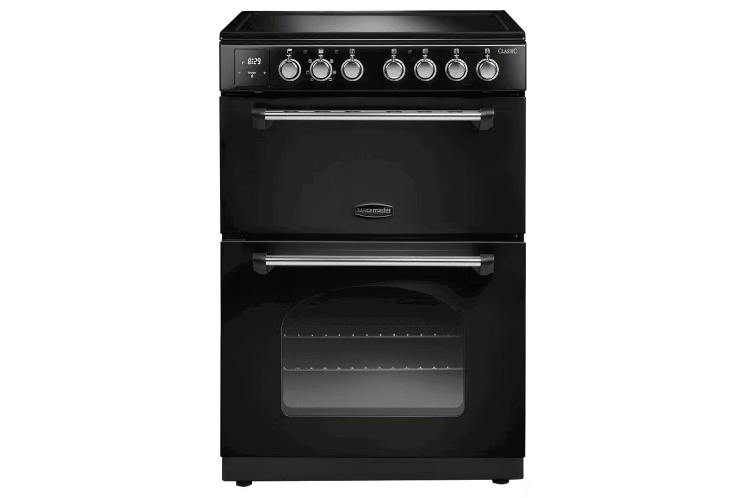 Rangemaster Classic 60cm Induction Cooker Black & Chrome with Slow Cook, Oven Light, Rotary Control, Easy Clean Enamel, 4 Burners, Digital Display, Double Oven, Chrome Handles
